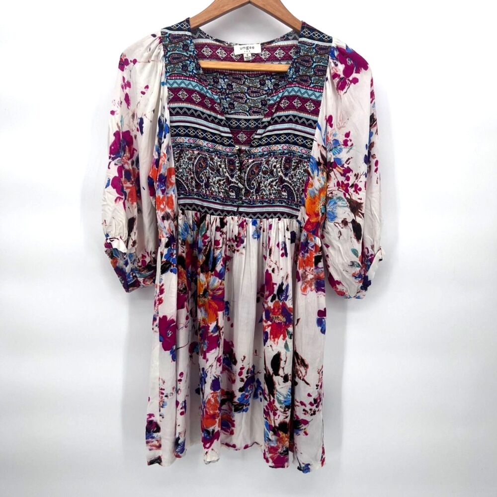 UmGee Boho Floral Whimsical Hippie Gypsy Tunic Blouse Mixed Print Size Small